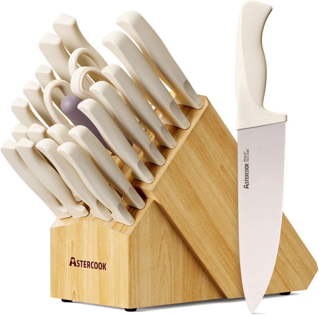Knife Set, Astercook 22-Piece Kitchen Knife Set with Block & Built-in Sharpener, Ultra-Sharp High Carbon Stainless Steel Knives, Dishwasher Safe, Ergonomic Anti-slip Handle, Cream White