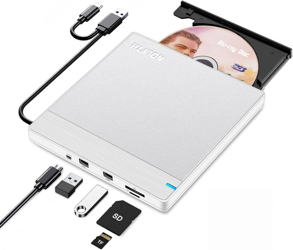 NOLYTH External Blueray/DVD Drive, Portable Bluray Drive External for Laptop with SD TF 2 USB Slots, Slim USB Blu Ray Burner Player for PC Mac Windows MacBook Desktop