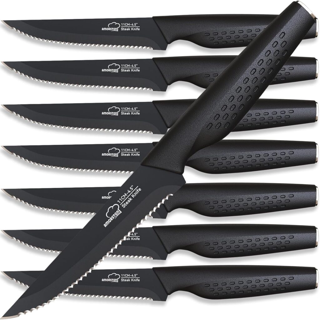 Amorston Steak Knives, Steak Knives Set of 8, Stainless Steel Steak Knife Set, Serrated Knives Dishwasher Safe, Elegant Black