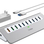 Powered USB Hub 10Gbps, 10 Port USB 3.1 Gen 2 Hub with 7 USB 3.1 Data Ports, 3 Fast Charging Ports, 36W Power Adapter, Type A and Type C Cable, Aluminum USB Data Hub for Mac, PC, Laptop