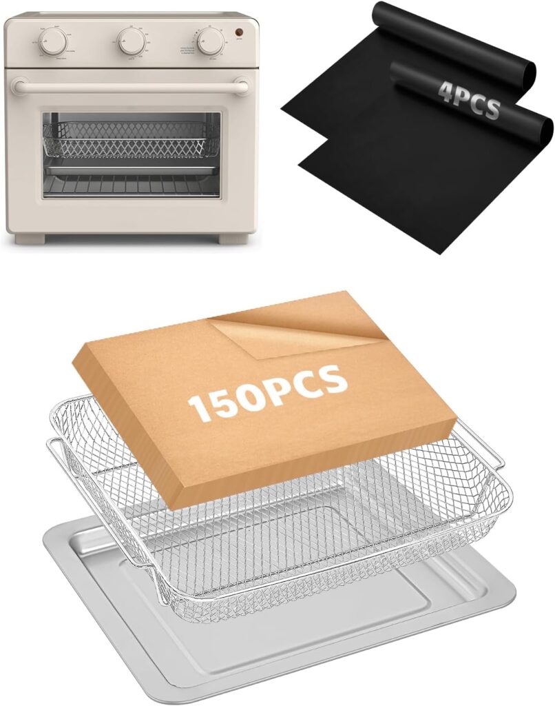 Air Fryer Oven Accessories Compatible with Bella Air Fry Toaster Oven, Baking Pans Set with Stainless Steel Baking Basket, 150PCs Airfryer Parchment Paper Disposable Liner and 4PCs Teflon Mats