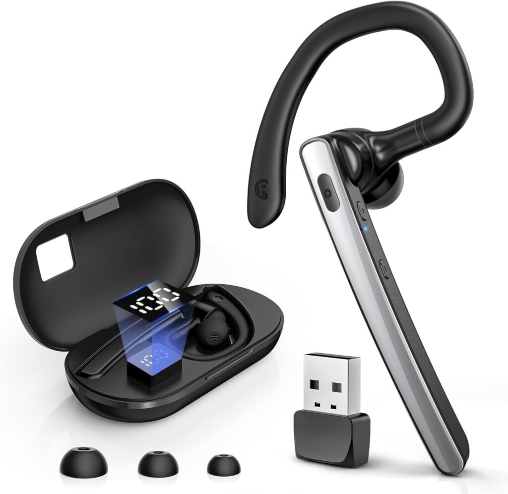 Bluetooth Headset V5.3, Wireless Bluetooth Earpiece with Mic, Equipped with 600mAh Charging Case, 110H Talk Time for Cell Phone and Computer, Wireless Headset for Work, Truck Drivers, Office