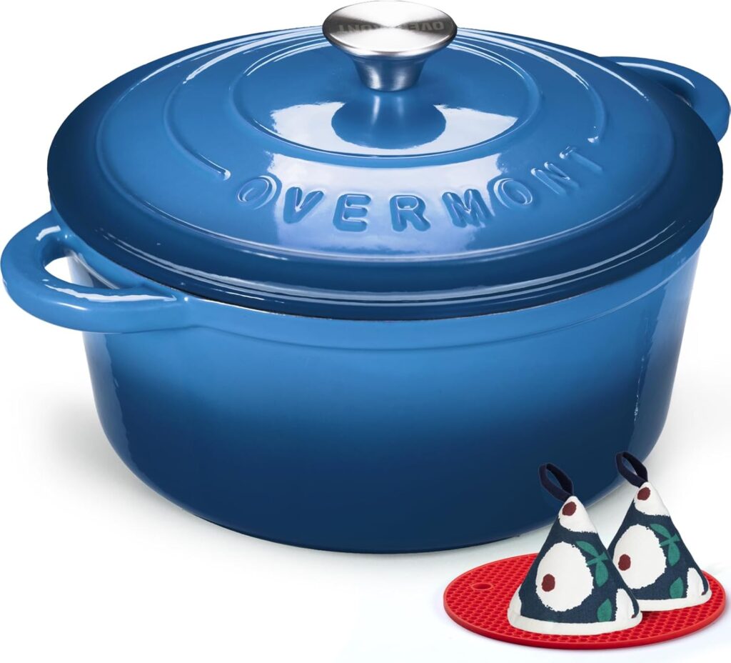 Overmont Enameled Cast Iron Dutch Oven – 7QT Pot with Lid Cookbook & Cotton Potholders – Heavy-Duty Cookware for Braising, Stews, Roasting, Bread Baking blue