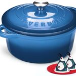 Overmont Enameled Cast Iron Dutch Oven – 7QT Pot with Lid Cookbook & Cotton Potholders – Heavy-Duty Cookware for Braising, Stews, Roasting, Bread Baking blue