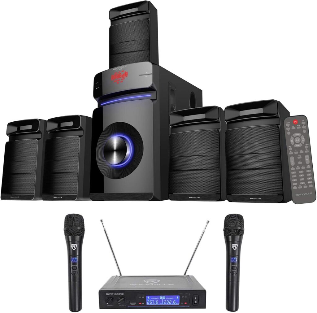 (1) Rockville HTS45 800w 5.1 Channel Bluetooth Home Theater Audio System+Subwoofer Bundle with (1) Rockville RWM1203VH VHF Wireless Dual Handheld Microphone System/Digital Display (2 Items)
