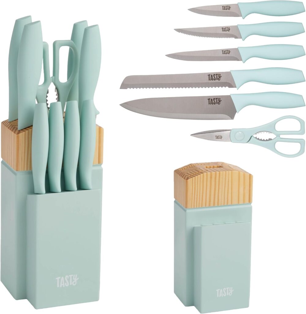 Tasty Kitchen Knife Set with Block, Cutlery Set includes Chef, Bread, Utility, Paring, Steak Knives & Shears, 10-Piece, Aqua