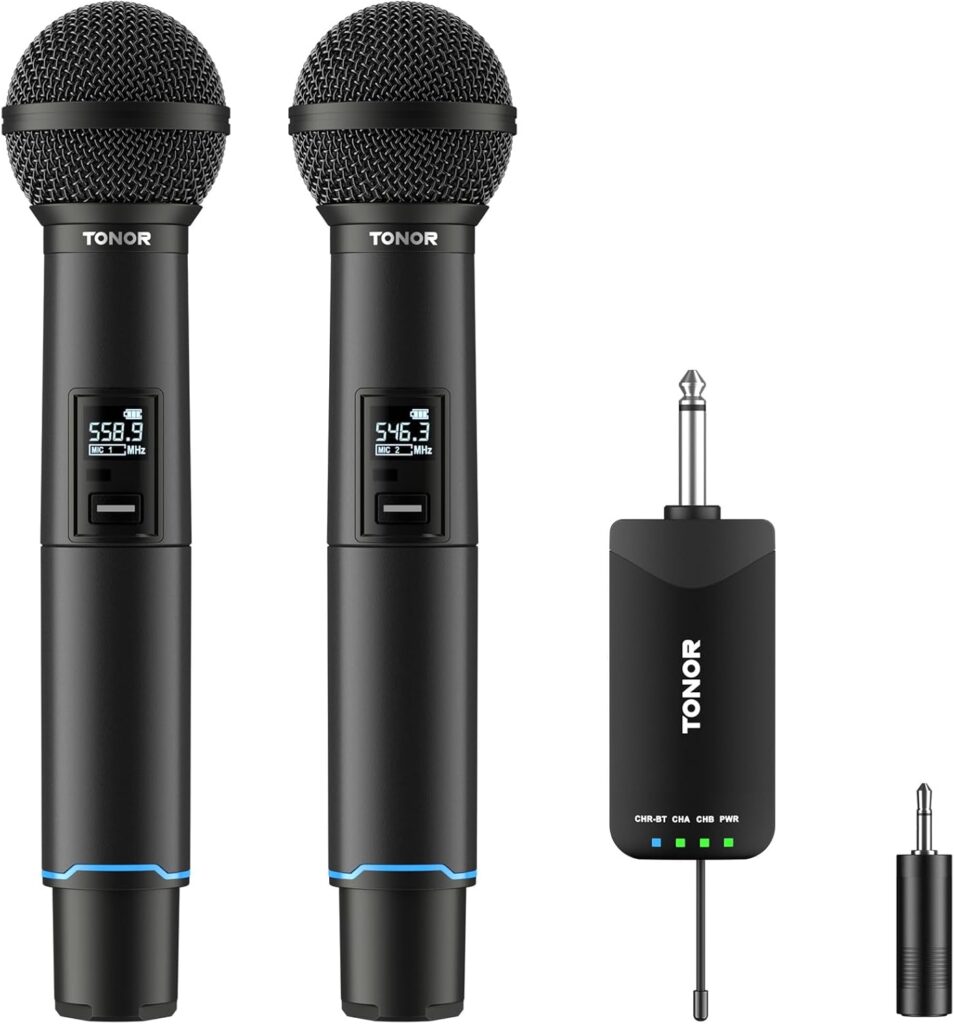 TONOR Rechargeable Wireless Microphones, Metal Bluetooth Handheld Cordless Mic System with Receiver, 2×25 UHF Professional Dynamic Mic for Karaoke, Church, Singing, Wedding, Meeting, DJ, 328ft TW720