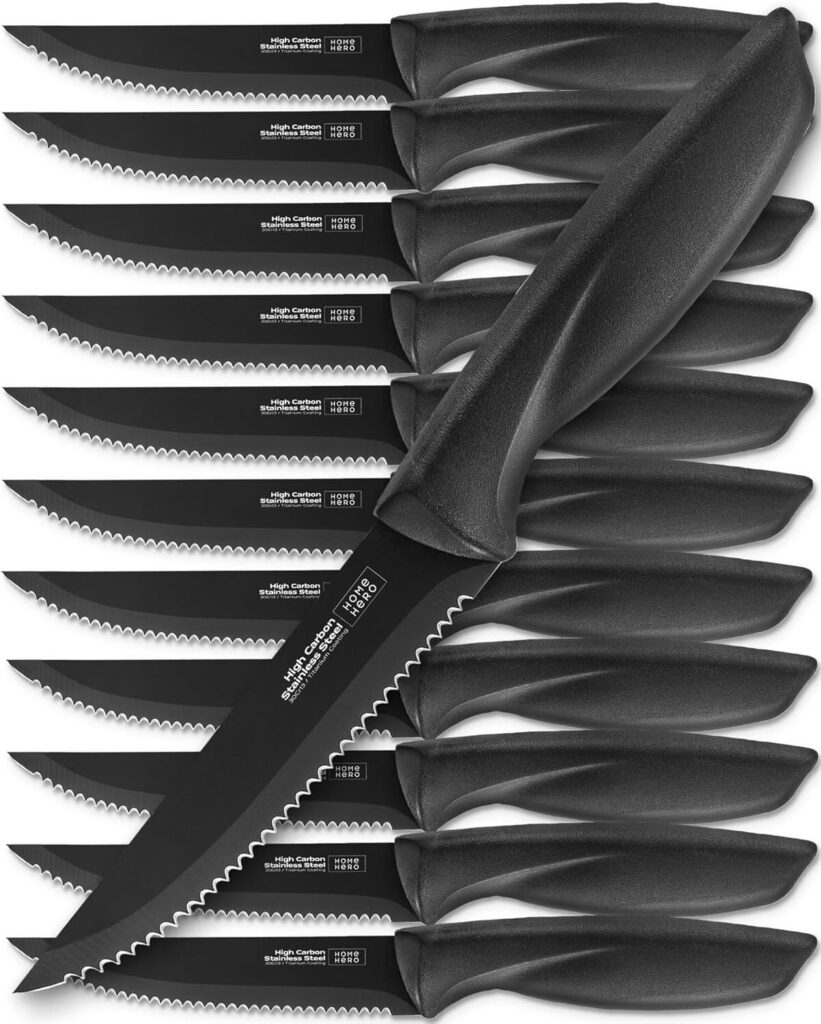 Home Hero Steak Knives Set of 12 – High-Carbon Stainless Steel Blades – Razor-Sharp Serrated Knives – Black Ergonomic Handles – 12 Pcs, Black