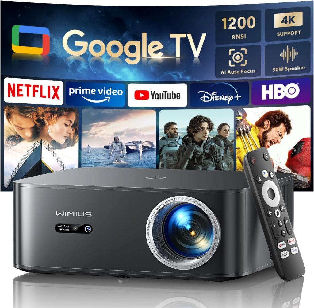 【1200 ANSI/Google TV/Netflix-Licensed】Smart Projector 4K Supported with WiFi & Bluetooth, Outdoor & Home Movie Projectors with Voice Control,Auto Focus & Keystone,1080P Proyector WiMiUS K13 Black