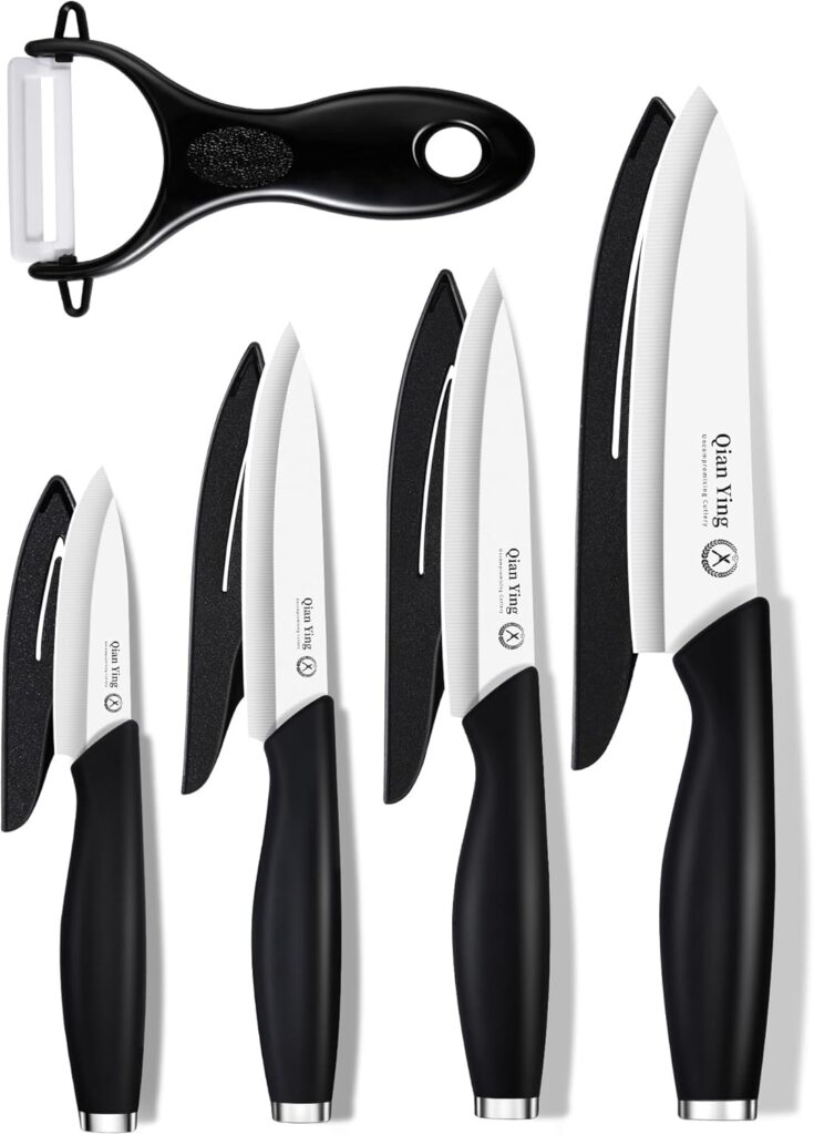 Ceramic Knife Set for Kitchen with Sheath: 100% Zirconia Pure Ceramic Sharp Blade Fruit Cutting Knives 9Pcs with Cover Rustproof Clean Cut Edge Black Handle, No Scratches on Titanium Cutting Boards