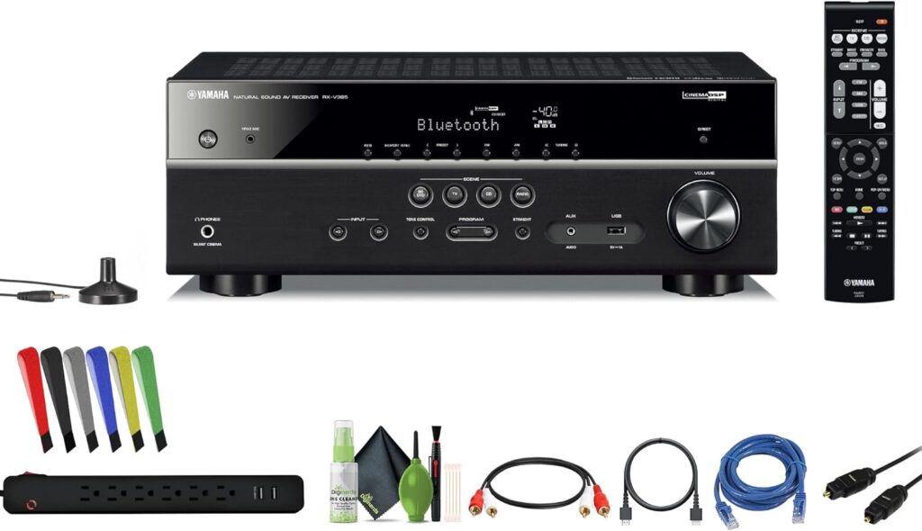 Yamaha RX-V385 5.1-Channel Surround Sound 4K Ultra HD AV Receiver with Bluetooth Home Theater System Bundle with Accessories