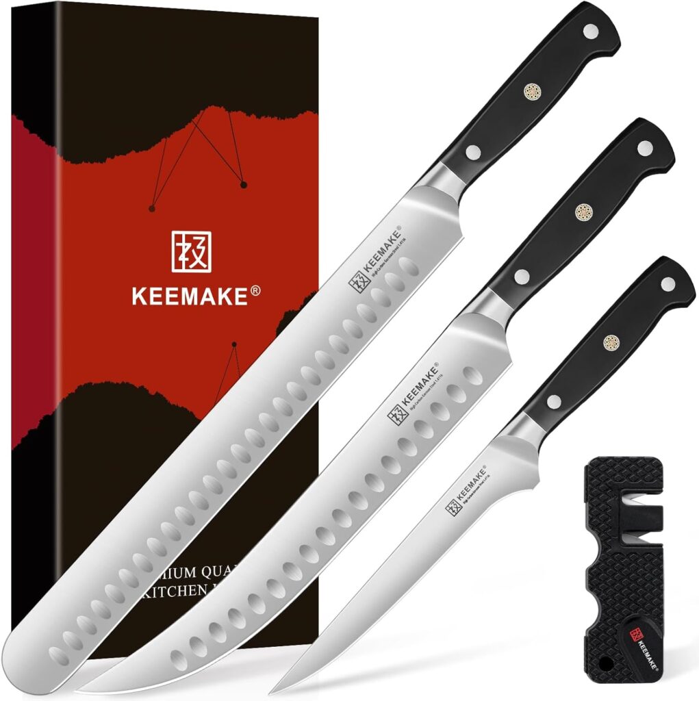 KEEMAKE Carving Knife Set – 12″ Brisket Knife & 10″ Butcher Knife & Boning Knife Set for Meat Ham Cutting Razor Sharp German Steel with Ergonomic Handle Full Tang Design
