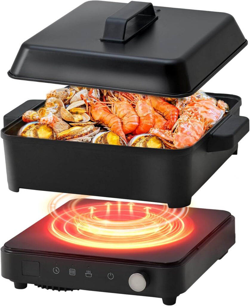 Portable Induction Cooktop 1500W with Grill Pan & Rack, Sensor Touch Hot Plate for Countertop, 6 Temp Levels, Auto Shut-Off, LED Display, Pot Detection, Electric Burner for Indoor BBQ & Cooking
