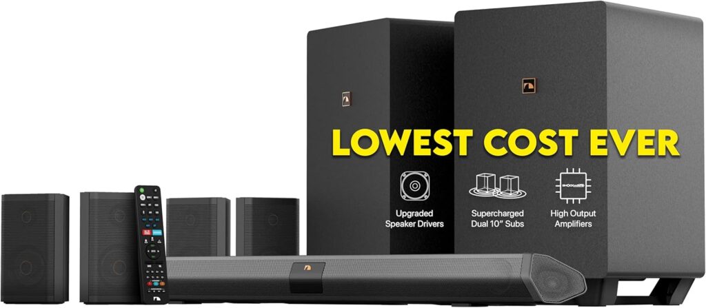 Nakamichi Shockwafe Ultra 9.2.4 Channel Dolby Atmos/DTS:X Soundbar with Dual 10″ Subwoofers (Wireless), 4 Rear Surround Effects Speakers, eARC and SSE Max Technology (Flagship)