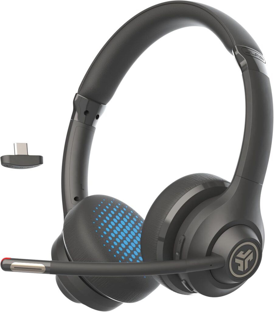 JLab Go Work Gen 2 Wireless Headsets with Microphone – 55+ Playtime PC Bluetooth Headset and Multipoint Connect to Laptop Computer and Mobile – Wired or Wireless (Bluetooth or USB Dongle) Headphones