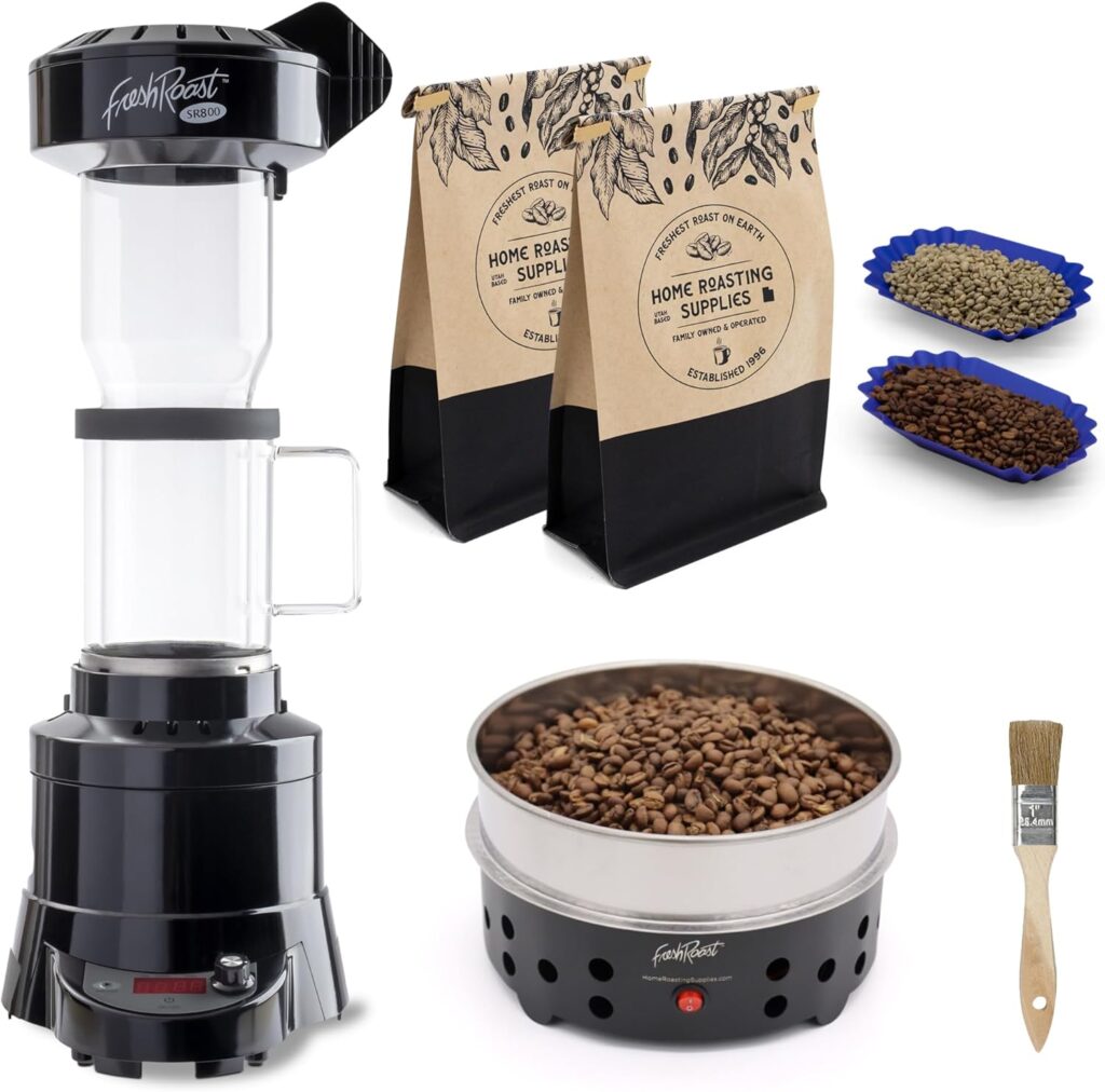 Fresh Roast Coffee Roaster Bundle SR800, Glass Extension Tube, Coffee Bean Cooler, (2 Lbs) Sample Pack of Green Beans, (2- pack) Sample trays