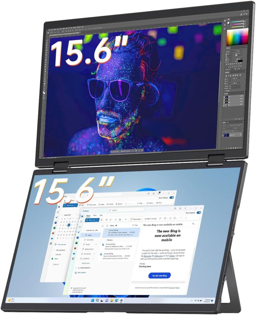 VisionOwl 15.6″ Dual Foldable Portable Monitor 1080P, 107% sRGB, ΔE