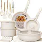 Astercook Ceramic Non-stick Cookware 21 Pcs Pots and Pans Set, Detachable Handle, RV Kitchen Non Stick Cooking Set Removable Handles, Oven Safe, Induction Ready, Stackable, Cream White