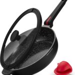 PekGema Nonstick Deep Frying Pan Skillet, Ceramic 12 Inch/4.5 Quart Saute Pan With Lid, Induction Pan, Healthy Non Toxic Cooking Pan With Helper Handle, PFOA PTFE FREE, Black