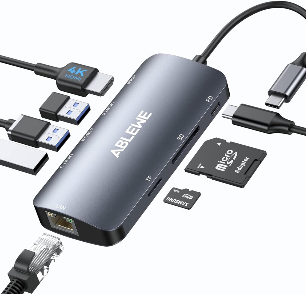 ABLEWE USB C Hub Ethernet, Multiport USB C to HDMI Hub, 8 in 1 4K@60Hz USBC Adapter,1000Mbps, 100W PD, 3 USB 3.0 Ports, Docking Station Compatible for MacBook, Tablet, Phone, Type C Devices