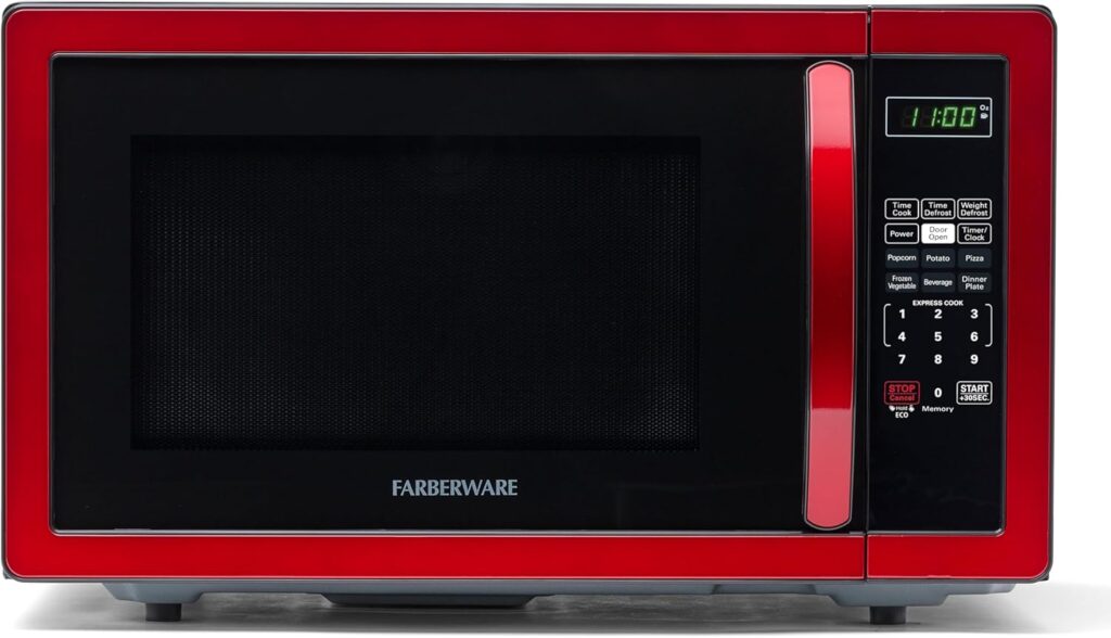 Farberware 1.1 Cu. Ft. Countertop Microwave Oven – 1000 Watts Power, Auto Cook Settings, Defrost, Easy Clean and Child Safety Lock – Metallic Red