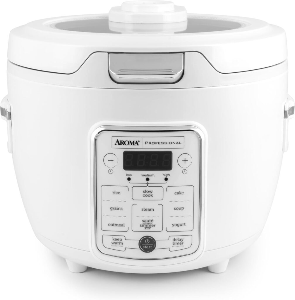 AROMA® Professional Digital Rice Cooker, 10-Cup (Uncooked) / 20-Cup (Cooked), Slow Cooker, Multicooker, Steamer, Oatmeal Cooker, Auto Keep Warm, Sauté-then-Simmer®, 4 Qt, White, ARC-1230W