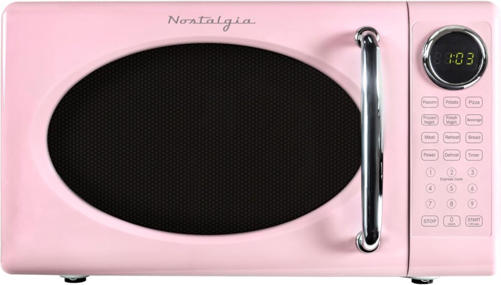 Nostalgia Retro Microwave Oven 0.7 Cu Ft, 700-Watt Countertop Size with Glass Turntable, Child Safety Lock, 8 Auto-Cook Programs, Digital Clock, Pink