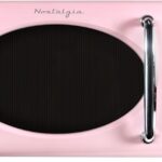 Nostalgia Retro Microwave Oven 0.7 Cu Ft, 700-Watt Countertop Size with Glass Turntable, Child Safety Lock, 8 Auto-Cook Programs, Digital Clock, Pink