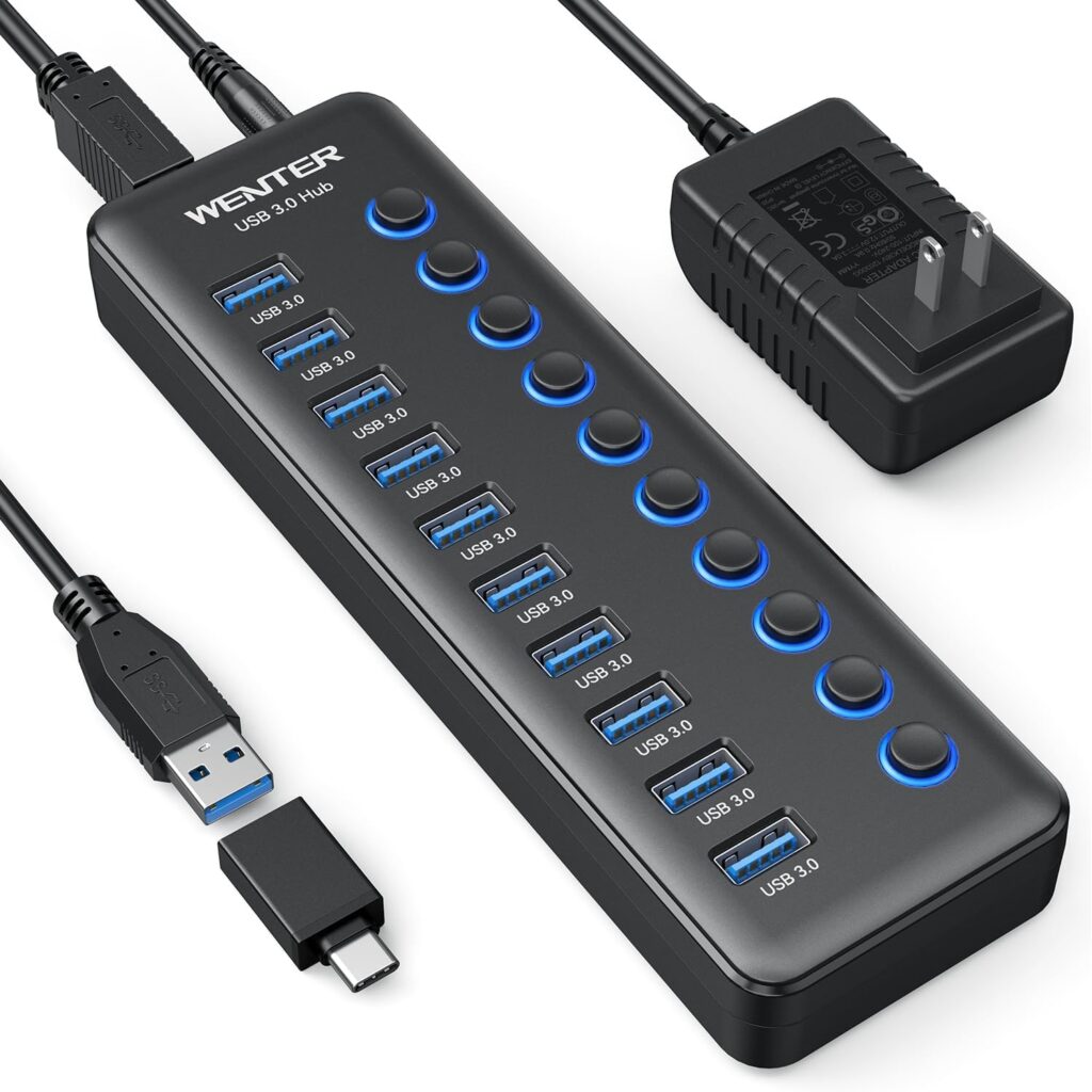 Powered USB Hub, Wenter 10-Ports USB Splitter Hub 3.0 with Individual LED On/Off Switches and USB A-C Adapter, 12V/3A Power Adapter,Powered USB 3.0 Hub for PC, Laptop, Desktop