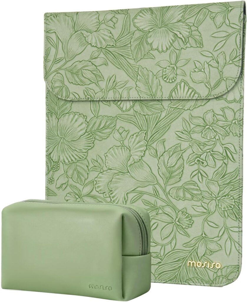 MOSISO Laptop Case 13 inch, 13 inch Laptop Sleeve Compatible with MacBook Air M4 M3 M2 M1 2025-2018 / Pro M2 M1 2025-2016, Embossed Retro Hibiscus PU Leather Case with Small Bag, Sage Green