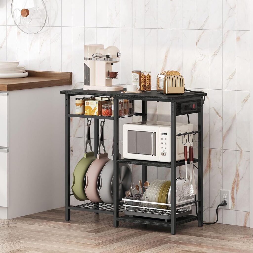 Bakers Rack with Power Outlet, Microwave Stand with Adjustable Mesh Rack, Coffee Bar Station, Kitchen Storage Racks with Pots Rack 6 S Hooks, for Kitchen, Dining Room, Black BRBK80E01