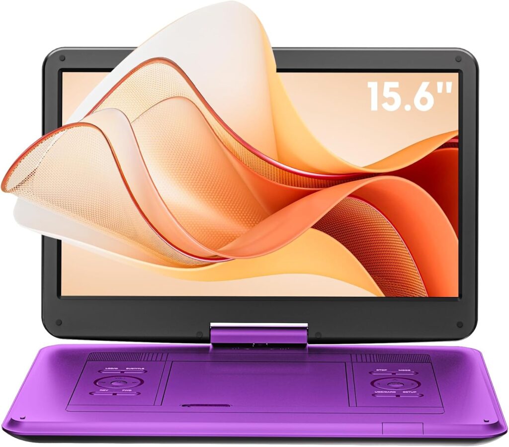 AKIYO 17.5″ Portable DVD Player with 15.6″ Large HD Screen for Car and Kids, 6 Hours Rechargeable Battery, Dual Stereo Speakers, Support USB/SD/AV/Audio/Sync TV and Multiple Disc Formats, Purple