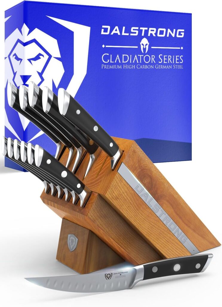 DALSTRONG 12-Piece Knife Block Set – Gladiator Series Elite – Black Handles – German HC Steel – Hand-Made Manchurian Ash Wood Block – NSF Certified