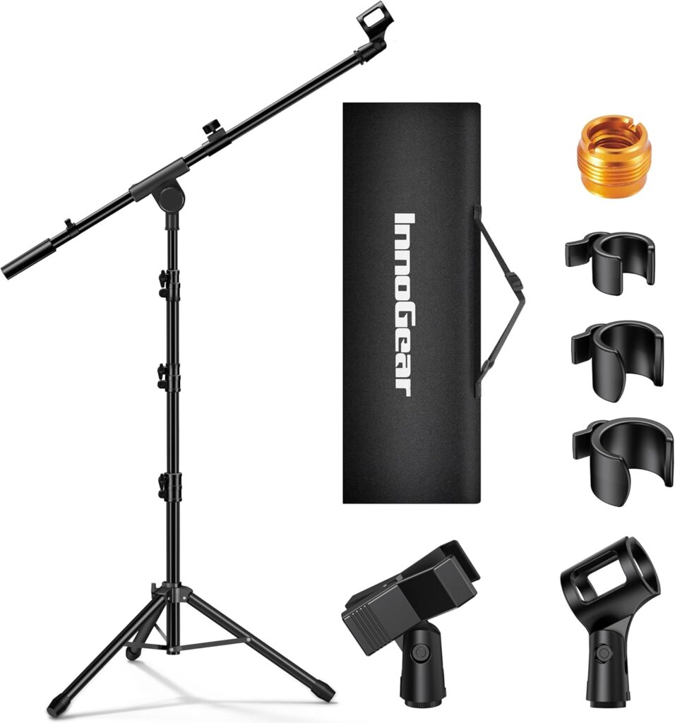 InnoGear Microphone Stand, Tripod Boom Arm Floor Mic Stand Height Adjustable Heavy Duty with Carrying Bag 2 Mic Clips 3/8″ to 5/8″ Adapter for Singing Podcast for Blue Yeti Shure SM58 SM48 Samson Q2U