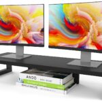 WESTREE Dual Monitor Stand Riser, Wood and Steel Monitor Stand Riser, Computer Monitor Stand for 2 Monitors, Multi-Purpose Desktop Storage Stand for Computer,Laptop,Printer,TV