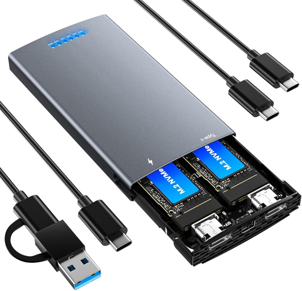 Dual Bay Raid SSD Enclosure, 20Gbps M.2 NVMe SSD Enclosure with Clone Mode & Raid 0/1 & JBOD Mode, Compatible to NVMe & SATA, Offline Duplicator