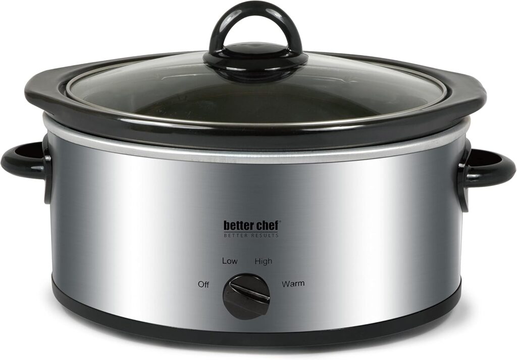 Better Chef Oval Slow Cooker | 3-Quart | 3-Tempature Settings | Side Handles | Glass Lid | Enamel Stoneware Insert (Stainless-Steel)
