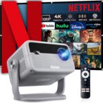 [Netflix Licensed/600 ANSI/Voice Control] Smart Projector with WiFi and Bluetooth Built-in Apps,Support 4K Native 1080P Projector with Apps Built in,360° Rotation & 150″Display Outdoor Projectors