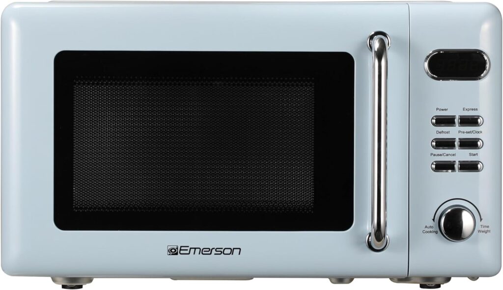 Emerson MWR7020BL Retro Compact Countertop Microwave Oven with Button Control, LED Display, 700W 5 Power Levels, 8 Auto Menus, Glass Turntable and Child Safe Lock, 0.7, Thunderbird Blue