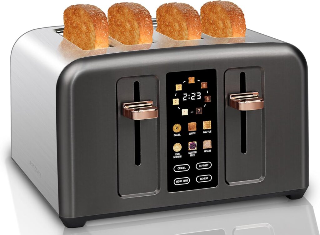 SEEDEEM Toaster 4 Slice, Stainless Toaster & Touch Control, LCD Display, 6 Bread Type, 7 Shade Settings, 1.5” Wide Slots, Cancel/Defrost/Reheat, Removable Crumb Tray, 1800W, Dark Metallic