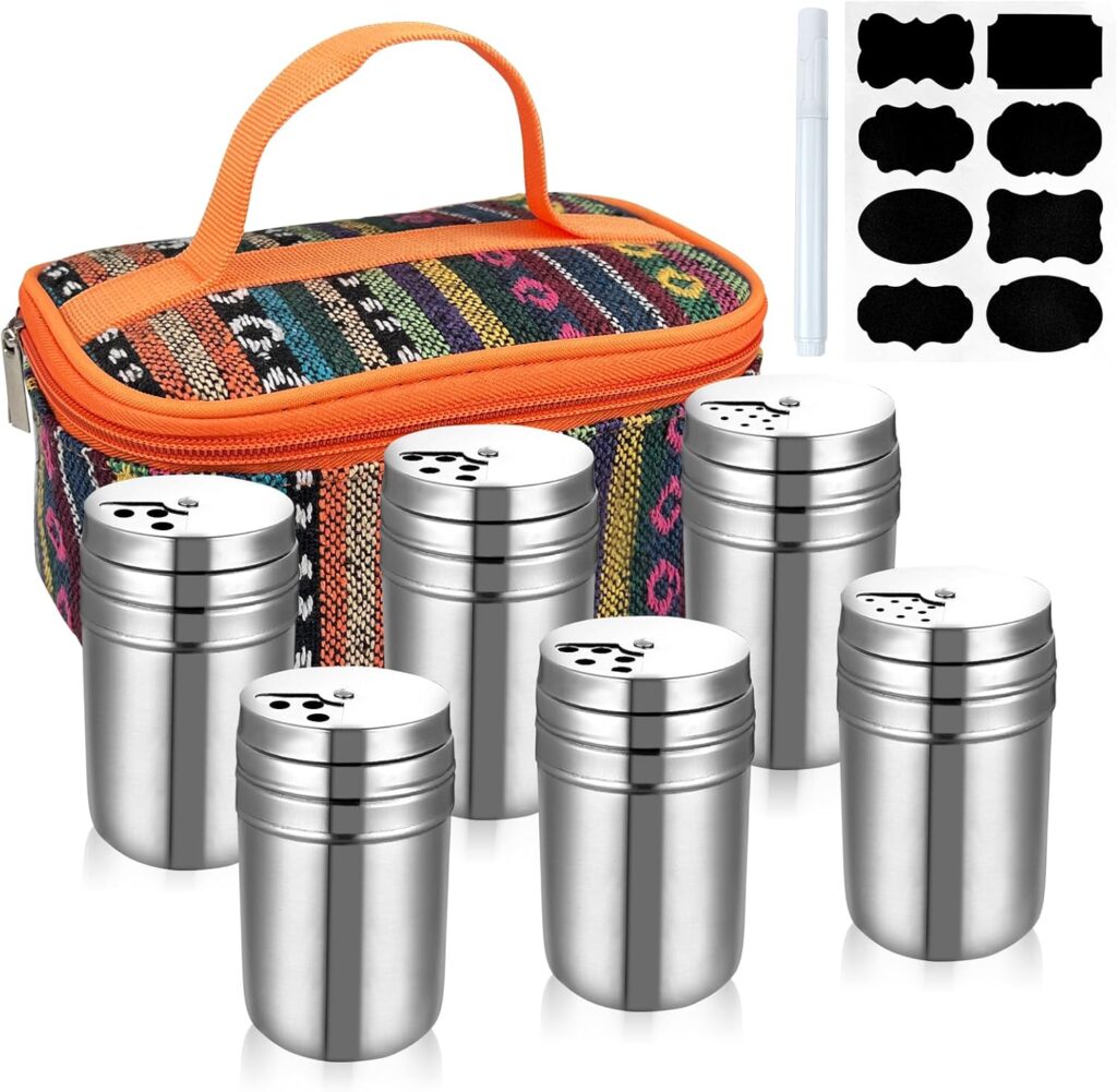 6Pcs Stainless Steel Spice Shaker, Camping Spice Kit with Travel Bag, Salt and Pepper Shakers Set For Salt Sugar Spice Dry Herb Spice, for Home or Outdoor Use