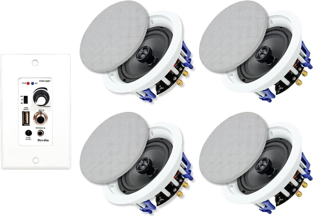 Herdio 5.25 Inch Bluetooth Ceiling Speakers Max Power 600W 2-Way Flush Mount Plus Wall Mount Amplifier Receiver Suitable for Home Theater Bathroom Living Room Kitchen Office(4 Speakers)