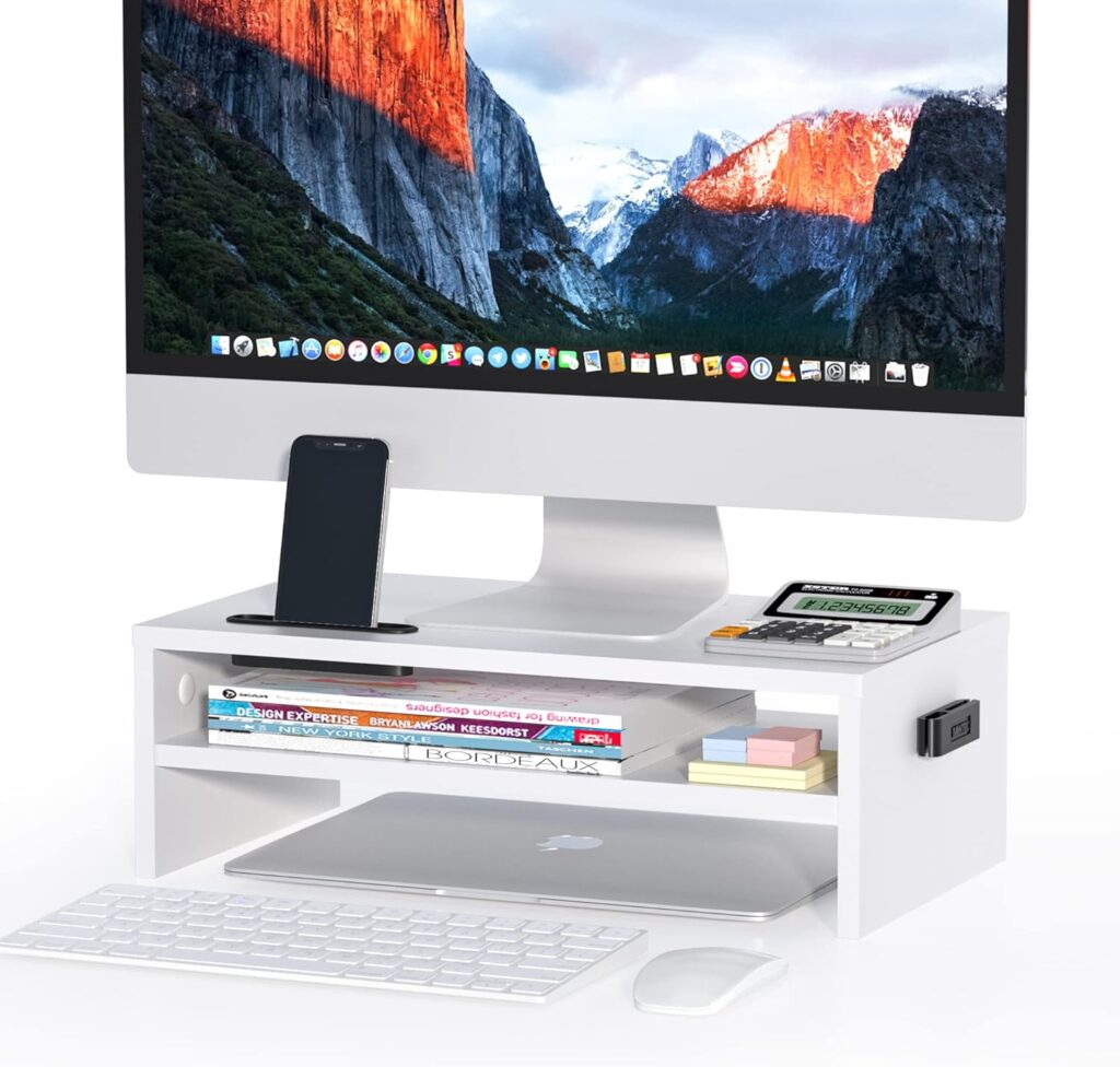 BONTEC Wooden Monitor Stand Riser, 2-Tier Desk Shelf with Storage Organizer, Ergonomic Computer Stand with Cable Management, Cellphone Holder, White, 16.5 Inch