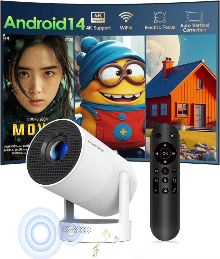 【Electric Focus】Magcubic Mini Projector 4K Support, Portable Projector with WiFi 6 and Bluetooth 5.4, Smart Proyector, 5W Soundbase Speaker, 180°Rotation for Home Theater