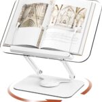 Acrylic Book Stand for Reading, Adjustable Book Holder with 360° Rotating Base & Elastic Page Clips, Foldable Desktop Riser Stand for Cookbook,Laptop,Tablet,Music Scores,Recipe,Textbook