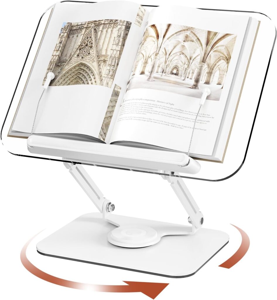 Acrylic Book Stand for Reading, Adjustable Book Holder with 360° Rotating Base & Elastic Page Clips, Foldable Desktop Riser Stand for Cookbook,Laptop,Tablet,Music Scores,Recipe,Textbook