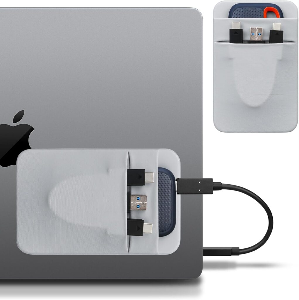 Lacdo Portable Hard Drive Sleeve for Laptop, 2-Pocket Stick on Pouch with Reusable Adhesive, for San Disk, Samsung, Crucial, Portable External Solid State Drive SSD Hard Drive Carrying Case, Gray