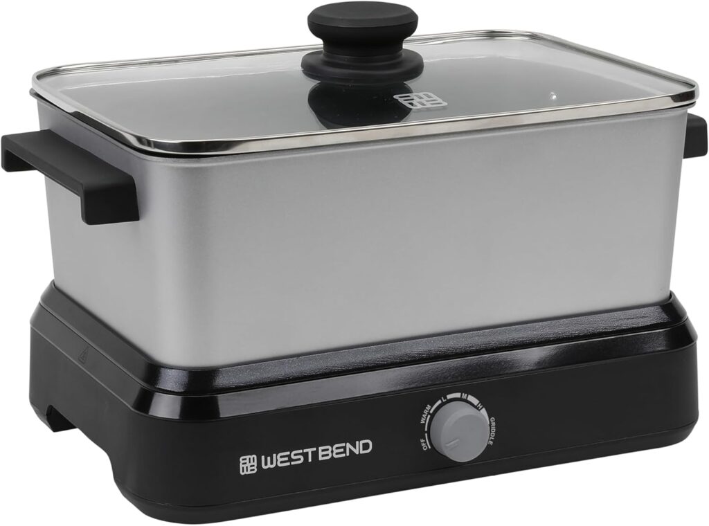 West Bend Versatility Slow Cooker Large Capacity Non-stick Cooking Vessel & Variable Temperature Heating Base Includes Travel Lid and Storage Bag, Range and Oven-Safe Cooking Pot, 5-Quart, Silver