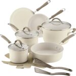 Rachael Ray Cucina Ceramic Cookware Set – 13 Pieces – Ceramic Pots and Pans Set w/Nonstick Frying Pans, Saute Pan, Saucepans, Stockpot, Lids, Pan Protectors & Cooking Utensils – Almond