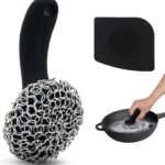 Cast Iron Scrubber with Long Handle | 316 Cast Iron Cleaner Chainmail Scrubber for Cast Iron Pan Skillet Cleaner – Dish Scouring Pad Dishwasher Safe Cleaning Kit (Black, 1 Scrubber + 1 Scraper)
